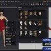 Software: A interface do Marvelous Designer 11 Enterprise - Licença Vitalícia exibe um modelo de personagem 3D usando um vestido vermelho, juntamente com várias opções de personalização para cabelo, roupas e acessórios. O texto no canto enfatiza recursos como entrega instantânea, ativação online e uma licença original. Ideal para quem quer comprar licença online.