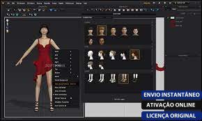 Software: A interface do Marvelous Designer 11 Enterprise - Licença Vitalícia exibe um modelo de personagem 3D usando um vestido vermelho, juntamente com várias opções de personalização para cabelo, roupas e acessórios. O texto no canto enfatiza recursos como entrega instantânea, ativação online e uma licença original. Ideal para quem quer comprar licença online.