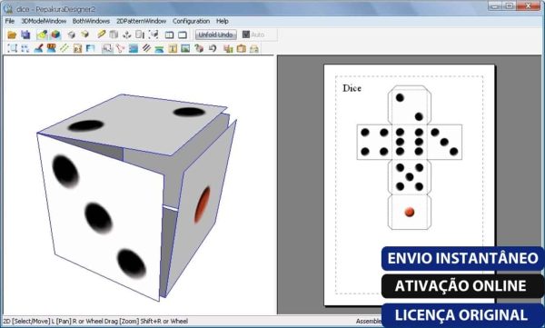 Software: Uma tela de computador mostra o software Pepakura Designer 4.2.4 em ação, apresentando um modelo de dado 3D à esquerda e seu modelo desdobrado à direita. O texto em português na parte inferior enfatiza a entrega instantânea e o licenciamento original, convidando você a comprar Pepakura Designer 4.2.4 em nossa loja de software.