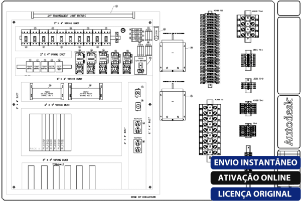 Software: Este diagrama técnico de um painel de gabinete elétrico exibe vários componentes e fiação, incluindo disjuntores, transformadores e caminhos de dutos. As etiquetas estão disponíveis em inglês e português, apresentando informações de licenciamento da Autodesk. Ideal para indivíduos que procuram entrega imediata de uma loja de software confiável que ofereça AutoCAD Electrical 2023 - Licença Vitalícia.