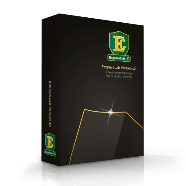 Software: Uma caixa preta adornada com um logotipo E verde e amarelo rotulado como EngraveLab 10 Photolaser Plus, pronta para entrega imediata. A embalagem exibe uma linha de gravação estilizada com um efeito brilhante. O texto diz: Otimize o design de gravação e o fluxo de trabalho de produção. Ideal para quem quer comprar software de uma loja de software.