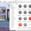 Software: Usando o Enscape 3D 4.1 – Licença Vitalícia, um indivíduo está projetando uma casa moderna de dois andares com gramado usando um software de arquitetura. Após comprar licença, a janela de seleção de materiais abre para mostrar várias opções de superfície, como asfalto e tartan.
