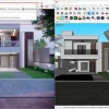 Software: Uma comparação lado a lado de uma renderização de casa 3D e sua vista modelada em software de design. O lado esquerdo mostra uma imagem realista de uma casa moderna de dois andares, enquanto o direito exibe a mesma casa como um modelo digital criado usando o Enscape 3D 4.1 – Licença Vitalícia, destacando recursos que podem ser acessados para entrega imediata em sua loja de software preferida.