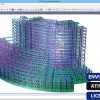 Software: Um modelo estrutural 3D é exibido em uma tela de computador no STRAP - Software de Análise Estrutural, ideal para quem busca comprar licença. O design apresenta um edifício de vários andares com uma estrutura complexa em tons de roxo e azul, cercado por várias barras de ferramentas e opções para entrega imediata.