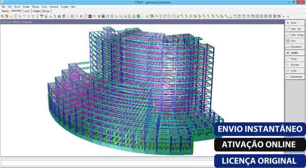 Software: Um modelo estrutural 3D é exibido em uma tela de computador no STRAP - Software de Análise Estrutural, ideal para quem busca comprar licença. O design apresenta um edifício de vários andares com uma estrutura complexa em tons de roxo e azul, cercado por várias barras de ferramentas e opções para entrega imediata.