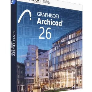 Software: Capa da caixa do Archicad 26 – MacOS Software Vitalício, apresentando um edifício arquitetônico moderno e elegante com fachadas de vidro ao lado de um monumento histórico proeminente em primeiro plano. Ideal para entusiastas de arquitetura que buscam comprar licença na sua loja de software favorita.