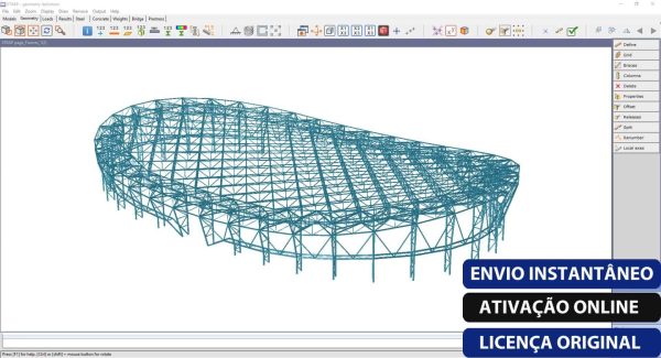 Software: Uma renderização digital de uma estrutura complexa, que lembra um estádio ou um grande edifício, é mostrada em uma tela de computador. A interface apresenta ferramentas e opções para STRAP - Software de Análise Estrutural. Sobreposições de texto em português mencionam entrega imediata, disponível online e licença original.