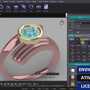 Software: Uma tela de computador exibindo Matrix 9 - Gemvision, um software de design de joias 3D de uma loja de software respeitável, apresentando um anel de ouro rosa com uma pedra preciosa azul redonda. A interface mostra várias ferramentas de design. O texto no canto inferior direito diz Envio Instantâneo Ativação Online Licença Original.