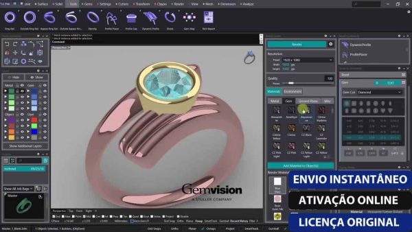 Software: Uma tela de computador exibindo Matrix 9 - Gemvision, um software de design de joias 3D de uma loja de software respeitável, apresentando um anel de ouro rosa com uma pedra preciosa azul redonda. A interface mostra várias ferramentas de design. O texto no canto inferior direito diz Envio Instantâneo Ativação Online Licença Original.