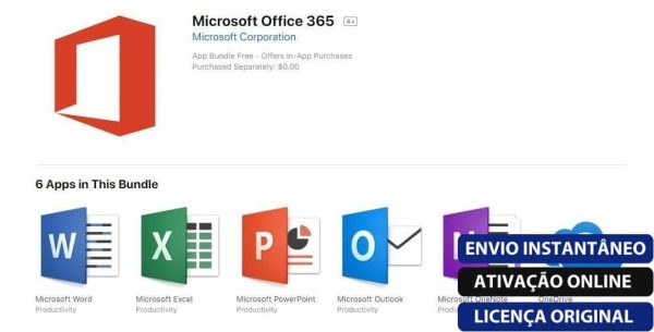 Software: Uma imagem exibindo o Microsoft Office 365 2021 (Pacote Office) VITALÍCIO com ícones de aplicativos para Word, Excel, PowerPoint, Outlook e OneNote. A sobreposição de texto diz “Envio Instantâneo”, “Ativação Online” e “Licença Original”. Perfeito para quem busca comprar licença de uma loja de software confiável.