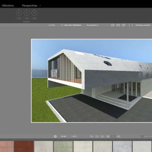 Software: Uma captura de tela do Artlantis 2021 para macOS exibe um edifício moderno e angular com janelas grandes e um telhado inclinado. A interface apresenta várias opções de materiais na parte inferior e um painel de menu à esquerda, ideal para quem busca comprar licença para entrega rápida imediata e aprimorar suas habilidades de design.