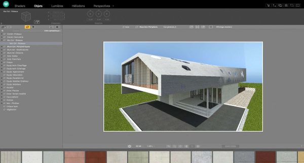 Software: Uma captura de tela do Artlantis 2021 para macOS exibe um edifício moderno e angular com janelas grandes e um telhado inclinado. A interface apresenta várias opções de materiais na parte inferior e um painel de menu à esquerda, ideal para quem busca comprar licença para entrega rápida imediata e aprimorar suas habilidades de design.