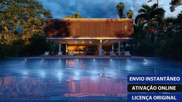 Software: Uma casa contemporânea e iluminada com uma piscina ampla na frente é envolvida por vegetação verdejante. O céu está parcialmente nublado, contribuindo para um ambiente tranquilo à noite. No canto inferior direito, há três caixas de texto com palavras em português, que lembram a navegação de software ao comprar um Lumion 12 - Licença Vitalícia online.