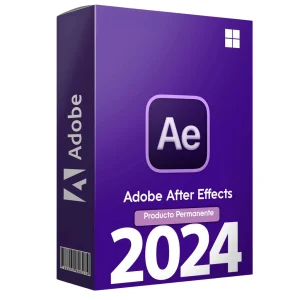 Software: Um pacote roxo para o Adobe After Effects 2024, exibindo o logotipo Ae, com texto indicando "Producto Permanente". Perfeito para quem busca comprar uma licença com entrega imediata.