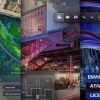 Software: Uma colagem de visualizações arquitetônicas vibrantes mostra designs de edifícios coloridos, plantas baixas e renderizações digitais. O texto no canto inferior direito diz 
