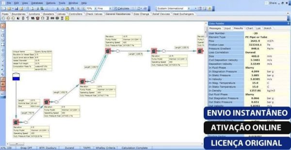 Software: Uma captura de tela da interface do software Fluidflow - Piping Systems Fluidflow exibe um diagrama esquemático com nós conectados e tabelas de dados. No canto inferior direito, o texto em português enfatiza ativação instantânea e licença original, simplificando sua capacidade de comprar software ou visitar nossa loja de software para suas necessidades.