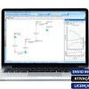 Software: Um laptop exibindo software de simulação de processo de última geração, que apresenta um fluxograma na tela. A barra lateral fornece várias opções e um gráfico também é visível. O texto no canto diz 