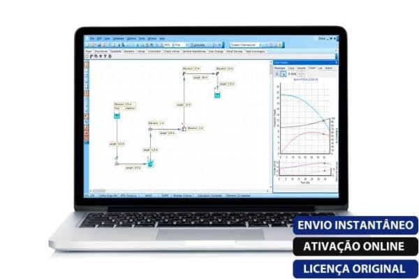 Software: Um laptop exibindo software de simulação de processo de última geração, que apresenta um fluxograma na tela. A barra lateral fornece várias opções e um gráfico também é visível. O texto no canto diz "Envio Instantâneo, Ativação Online, Licença Original." Ideal para indivíduos que buscam comprar licença para Fluidflow - Piping Systems Fluidflow com entrega imediata.