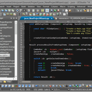 Software: O ambiente UEStudio apresenta um espaço de trabalho vibrante semelhante a uma movimentada loja de software, com uma tela de computador exibindo programação C++. O explorador de arquivos à esquerda e o editor de código à direita revelam a implementação da função com destaque de sintaxe.