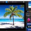 Software: A interface do InPixio Photo Studio Ultimate 11.0 - Licença Vitalícia exibe uma cena de praia tropical com uma palmeira, céu azul e oceano. A barra lateral inclui várias opções de edição e visualizações de imagem. Na parte inferior, um banner diz 