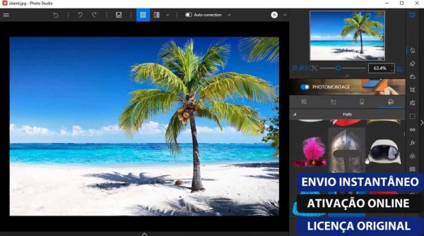 Software: A interface do InPixio Photo Studio Ultimate 11.0 - Licença Vitalícia exibe uma cena de praia tropical com uma palmeira, céu azul e oceano. A barra lateral inclui várias opções de edição e visualizações de imagem. Na parte inferior, um banner diz "ENVIO INSTANTÂNEO ATIVAÇÃO ONLINE LICENÇA ORIGINAL", enfatizando o serviço de entrega imediata da nossa loja de software.