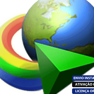 Software: Um globo estilizado com uma sobreposição triangular verde é cercado por arcos coloridos. No canto inferior direito, caixas de texto azuis e brancas dizem: ENVIO INSTANTÂNEO, ATIVAÇÃO ONLINE, LICENÇA ORIGINAL. Descubra essas ofertas para Internet Download Manager 6.38 em nossa loja de software para entrega imediata.