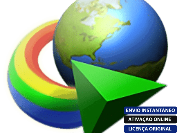 Software: Um globo estilizado com uma sobreposição triangular verde é cercado por arcos coloridos. No canto inferior direito, caixas de texto azuis e brancas dizem: ENVIO INSTANTÂNEO, ATIVAÇÃO ONLINE, LICENÇA ORIGINAL. Descubra essas ofertas para Internet Download Manager 6.38 em nossa loja de software para entrega imediata.