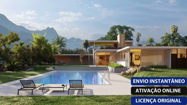 Software: Uma casa contemporânea com uma fachada de vidro expansiva está aninhada em meio a vegetação verdejante e montanhas ao fundo. Em primeiro plano, uma piscina acompanhada por duas espreguiçadeiras é visível. No canto inferior direito, três caixas de texto apresentam opções em português, potencialmente convidando os usuários a adquirir um "Lumion 12 - Licença Vitalícia" ou explorar soluções de software.