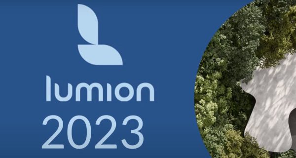 Software: O logotipo azul do Lumion 2023 – Renderização 3D em Tempo Real para Arquitetura está à esquerda, combinado com uma vista aérea parcial de uma paisagem com árvores verdes e um caminho sinuoso de cor clara à direita, disponível para entrega imediata em nossa loja de software.