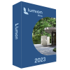 Software: Box do software Lumion 2023 – Renderização 3D em Tempo Real para Arquitetura com desenho azul e imagem circular de um edifício moderno rodeado de muito verde, disponível na loja de software.