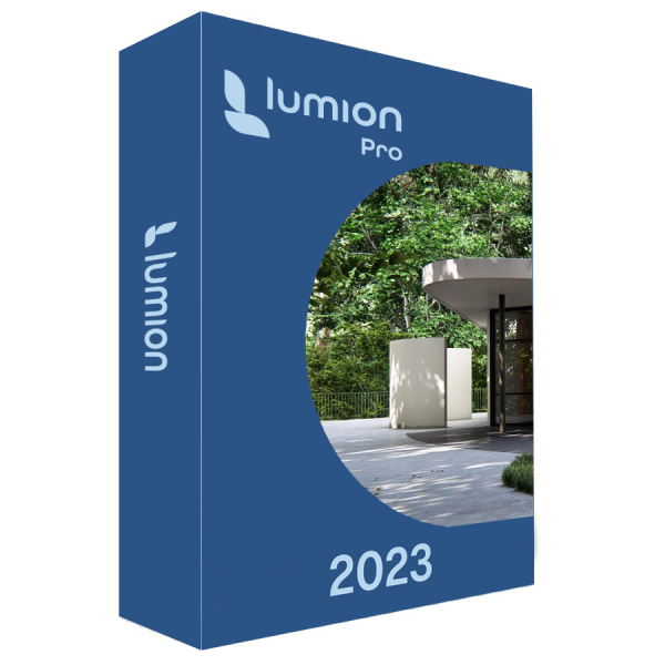 Software: Box do software Lumion 2023 – Renderização 3D em Tempo Real para Arquitetura com desenho azul e imagem circular de um edifício moderno rodeado de muito verde, disponível na loja de software.