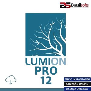 Software: Logotipo do Lumion 12 - Licença Vitalícia, apresentando uma árvore branca estilizada sobre fundo azul. O texto traz Lumion 12 e Brasil Softs, além de ícones e frases para Envio Instantâneo, Ativação Online e Licença Original. Uma escolha ideal para quem busca comprar software com facilidade e confiabilidade.