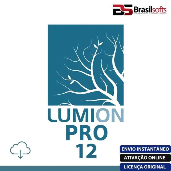 Software: Logotipo do Lumion 12 - Licença Vitalícia, apresentando uma árvore branca estilizada sobre fundo azul. O texto traz Lumion 12 e Brasil Softs, além de ícones e frases para Envio Instantâneo, Ativação Online e Licença Original. Uma escolha ideal para quem busca comprar software com facilidade e confiabilidade.