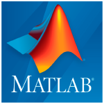 Software: A imagem exibe o logotipo do MATLAB, apresentando uma superfície curva 3D que lembra uma onda com gradientes vermelho, laranja e azul em um fundo azul. O logotipo deste software tem 