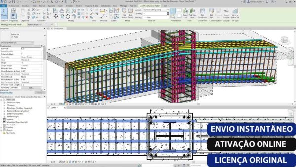 Software: Uma interface detalhada do Autodesk Revit 2022 - VITALÍCIO exibe os elementos estruturais de uma edificação, incluindo vigas e pilares. O texto no canto inferior direito diz: ENVIO INSTANTÂNEO, ATIVAÇÃO ONLINE, LICENÇA ORIGINAL. Visite nossa loja de software para comprar licença hoje mesmo!