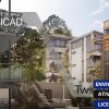 Software: Renderização 3D de prédios de apartamentos modernos cercados por árvores, exibindo o software Graphisoft Archicad. A imagem enfatiza a ativação online e a oportunidade de comprar Twinmotion - Licença Vitalícia diretamente da loja de software da Epic Games.