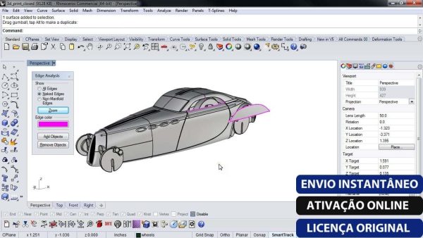 Software: É visível uma tela de computador mostrando Rhinoceros 8.7 - Rhino 8 (2024) Software Completo com Licença, apresentando um design de carro em andamento com várias barras de ferramentas e ícones ideais para quem deseja comprar software. As sobreposições de texto em português na parte inferior dizem ENVIO INSTANTÂNEO, ATIVAÇÃO ONLINE e LICENÇA ORIGINAL.