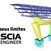 Software: Ilustração de uma estrutura estrutural complexa com vigas e suportes em azul, verde e amarelo. Barras de tensão vermelhas são incluídas para maior estabilidade. O texto que acompanha afirma: Supere seus limites com o SCIA Engineer - Software Completo ao lado de um logotipo do BIM Works. Disponível para entrega imediata da licença de compra.