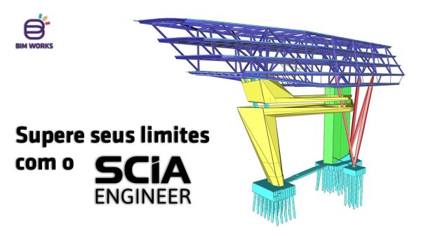 Software: Ilustração de uma estrutura estrutural complexa com vigas e suportes em azul, verde e amarelo. Barras de tensão vermelhas são incluídas para maior estabilidade. O texto que acompanha afirma: Supere seus limites com o SCIA Engineer - Software Completo ao lado de um logotipo do BIM Works. Disponível para entrega imediata da licença de compra.