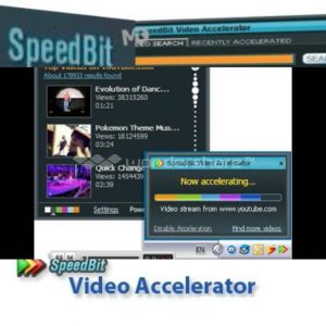 Software: A captura de tela exibe a interface do SpeedBit Video Accelerator Premium, exibindo resultados de pesquisa de vídeo como Evolution of Dance e Pokemon Theme Music. Uma barra de progresso indica que um vídeo está em processo de aceleração. O logotipo do SpeedBit é visível na parte inferior, simbolizando uma loja de software líder com entrega imediata.