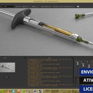 Software: Uma tela de computador mostra o Maxwell Render Studio 5.2.0 - VITALÍCIO, apresentando um modelo detalhado de seringa dentro do software de modelagem 3D. Várias ferramentas e opções estão dispostas ao redor do modelo, enquanto o texto em português no canto inferior direito anuncia entrega imediata e uma licença original de uma loja de software.