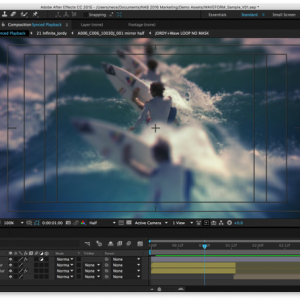 Software: Uma captura de tela do software Adobe After Effects 2024 destaca sua interface de edição de vídeo. A janela principal exibe uma cena de ação desfocada de surfistas pegando ondas, com trilhas de linha de tempo e ferramentas de edição organizadas na parte inferior e nas laterais, exibindo o design eficiente do software.