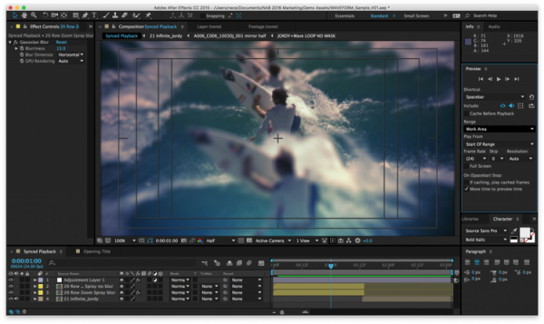 Software: Uma captura de tela do software Adobe After Effects 2024 destaca sua interface de edição de vídeo. A janela principal exibe uma cena de ação desfocada de surfistas pegando ondas, com trilhas de linha de tempo e ferramentas de edição organizadas na parte inferior e nas laterais, exibindo o design eficiente do software.