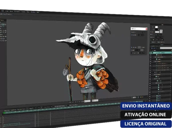 Software: Uma interface de software de arte digital apresenta um personagem adornado com um chapéu de caveira e uma armadura, segurando um cajado com uma expressão determinada. O display inclui texto em português: ENVIO INSTANTÂNEO, ATIVAÇÃO ONLINE, LICENÇA ORIGINAL. Visite nossa loja de software para comprar licença para Smith Micro Moho Pro 14 e desbloquear infinitas possibilidades criativas.