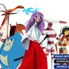 Software: Cinco personagens animados diversos, apresentando um gorila azul, um dragão vermelho, uma mulher de cabelo roxo com roupa branca e vermelha, uma figura listrada e um astronauta posam juntos. O texto em português diz Envio Instantâneo e Ativação Online. Explore nossa loja de software para entrega imediata e licença original com Smith Micro Moho Pro 14.