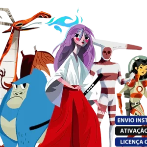 Software: Cinco personagens animados diversos, apresentando um gorila azul, um dragão vermelho, uma mulher de cabelo roxo com roupa branca e vermelha, uma figura listrada e um astronauta posam juntos. O texto em português diz Envio Instantâneo e Ativação Online. Explore nossa loja de software para entrega imediata e licença original com Smith Micro Moho Pro 14.