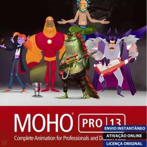 Software: Uma ilustração digital vibrante mostra um grupo de personagens animados, apresentando um super-herói musculoso, um lagarto que toca violão e uma criatura alada. Eles estão em um cenário promovendo o software de animação Moho Pro 14 para profissionais e artistas digitais que buscam comprar uma licença.