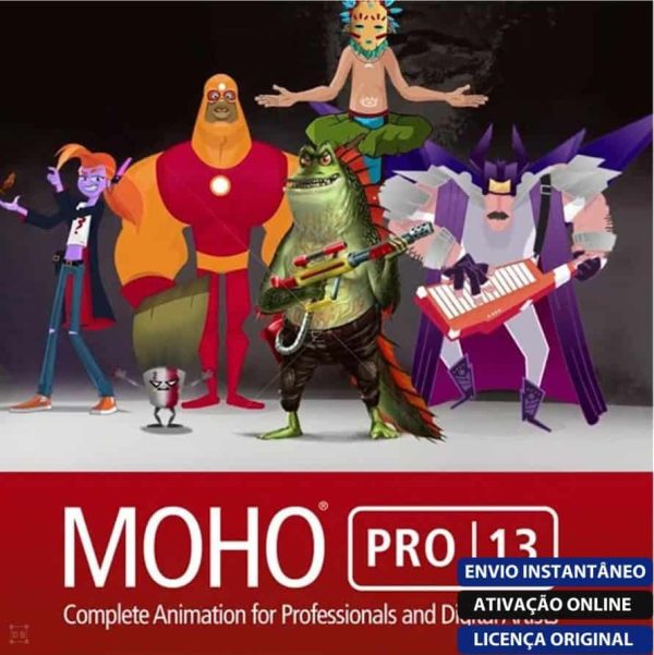 Software: Uma ilustração digital vibrante mostra um grupo de personagens animados, apresentando um super-herói musculoso, um lagarto que toca violão e uma criatura alada. Eles estão em um cenário promovendo o software de animação Moho Pro 14 para profissionais e artistas digitais que buscam comprar uma licença.