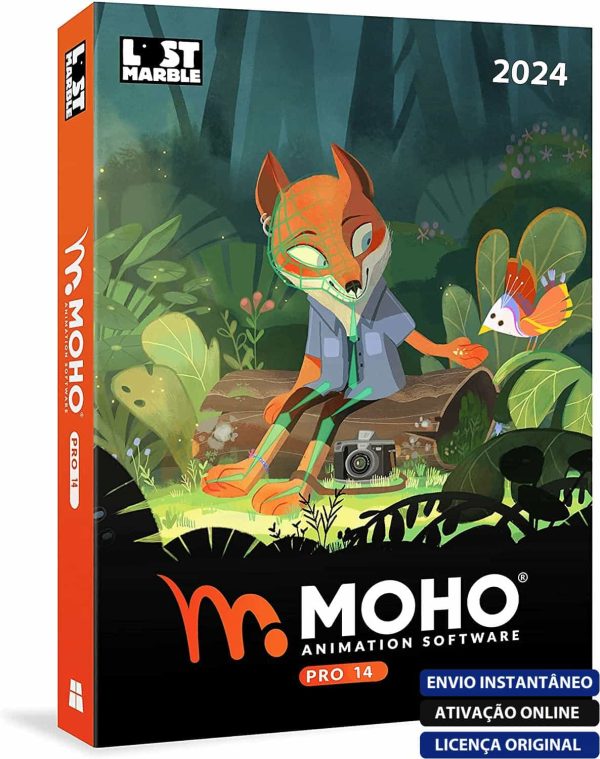 Software: Arte da capa para Moho Pro 14 - Licença Permanente Atualizável, software de animação para 2024. Um personagem de raposa estilizado é ilustrado sentado em um tronco, esboçando um pequeno pássaro em meio à natureza. Os recursos incluem entrega instantânea e opções de ativação online. Compre sua licença original agora mesmo em nossa loja de software confiável!