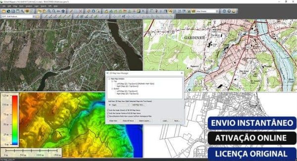 Software: Na tela do computador são exibidas múltiplas visualizações de mapas e análises de terreno usando o software GIS, Global Mapper 2022 - VITALÍCIO. Mapas de satélite e topográficos são complementados por um modelo de elevação do terreno, enquanto uma mensagem promovendo ativação online através de uma Loja de Software é visível em português no canto inferior direito.